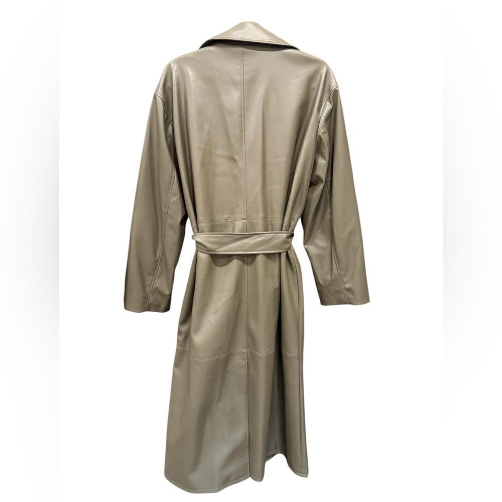 NWT Kenneth Cole Faux Leather Trench Coat Belted Long Jacket Olive Green M - Picture 3 of 4